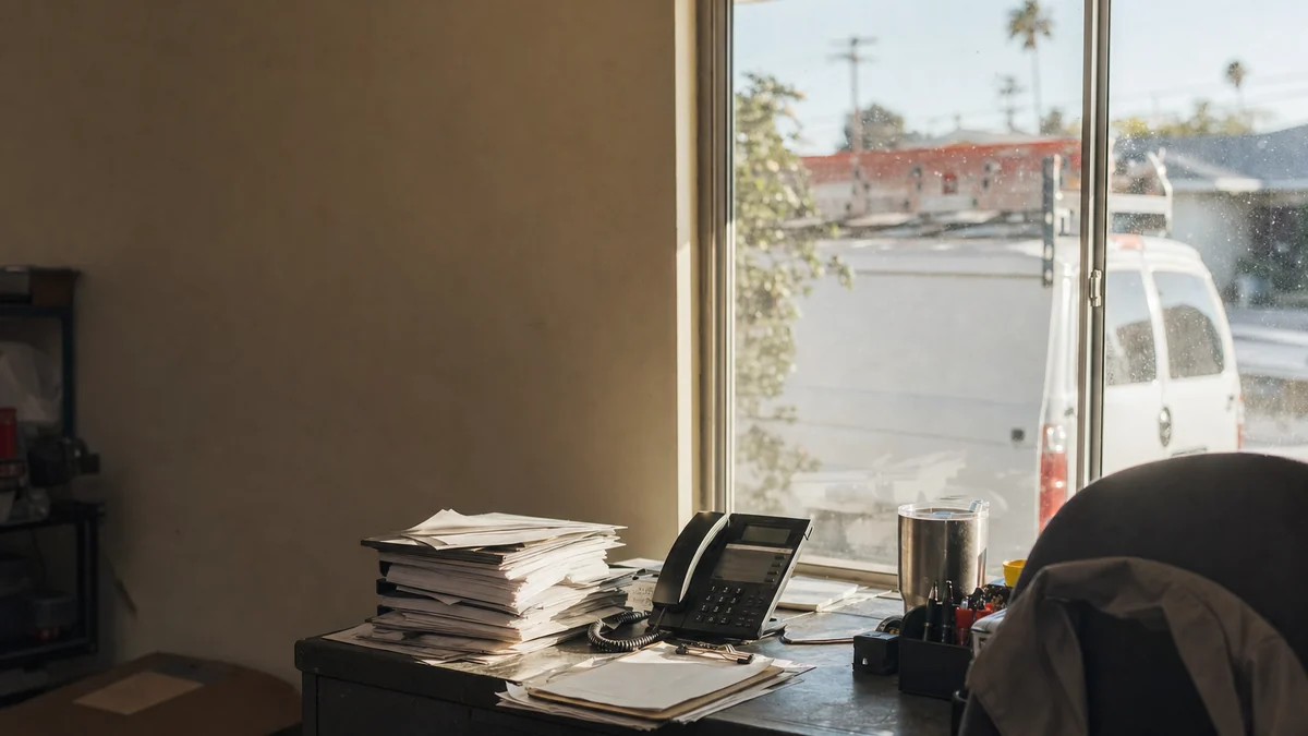 Small HVAC shop office desk with a desk phone and stacked invoices, a service van parked outside the window