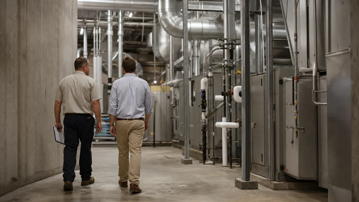 HVAC service manager walking a commercial mechanical room with a facilities manager during a site walkthrough