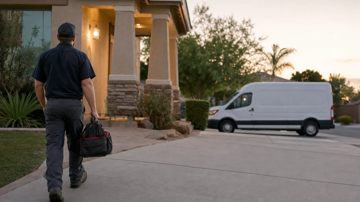 HVAC technician arriving at a homeowner's front door for a booked evening service call