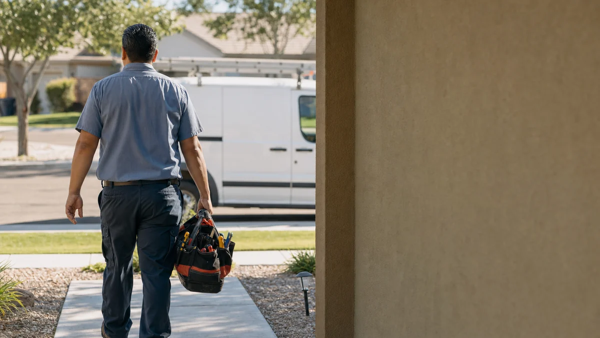 HVAC technician walking up to a customer's front door for a booked service call