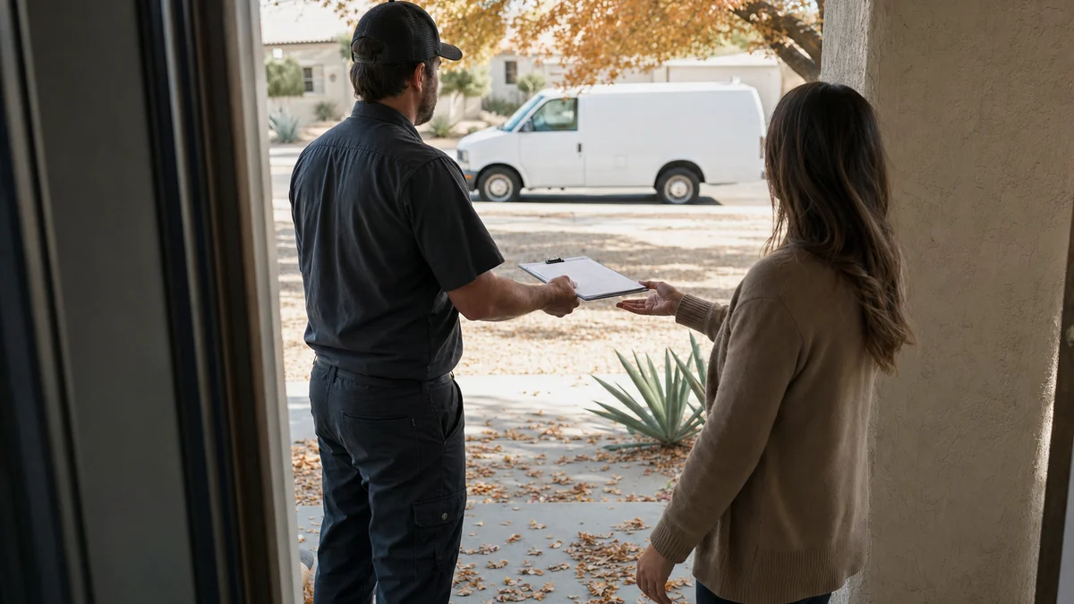 HVAC technician at a homeowner's front door after a fall furnace tune-up