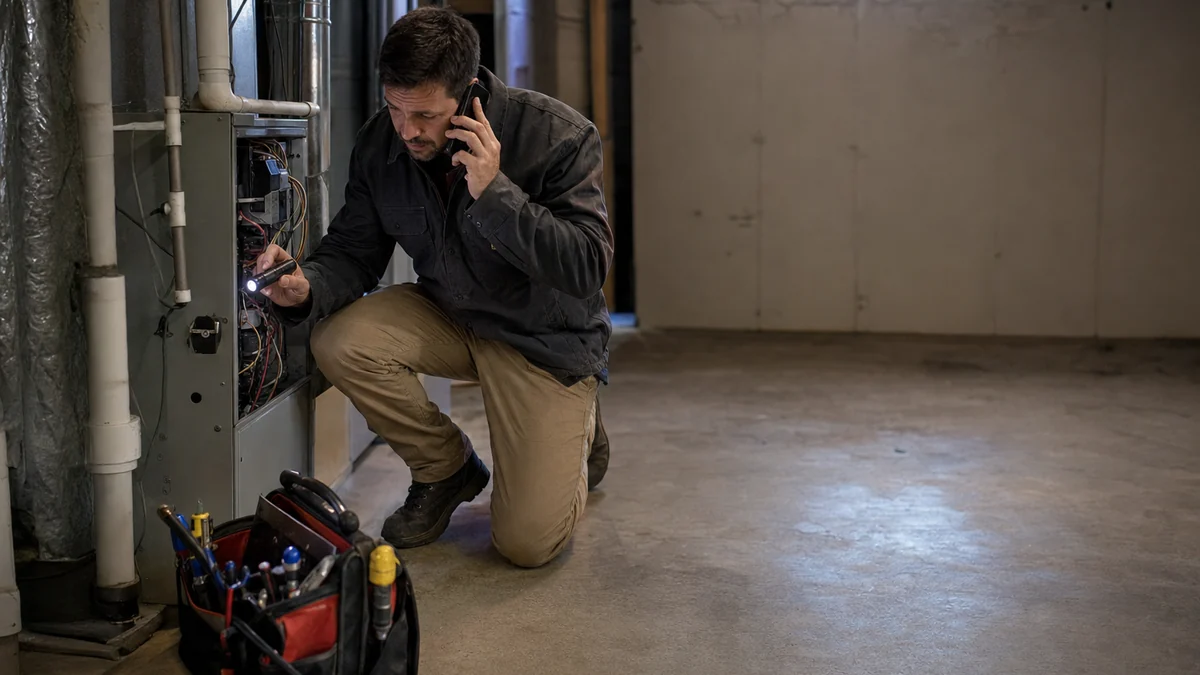 HVAC technician calling a homeowner back from beside a furnace during a no-heat service call