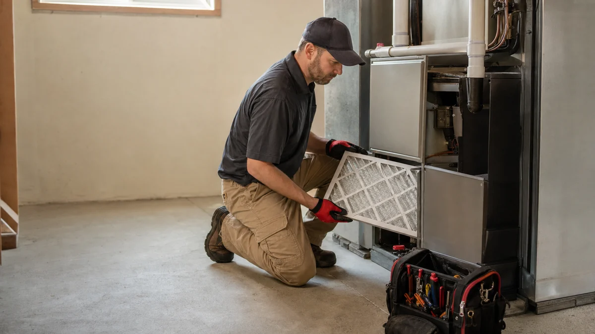 HVAC technician changing a furnace air filter during a fall maintenance visit