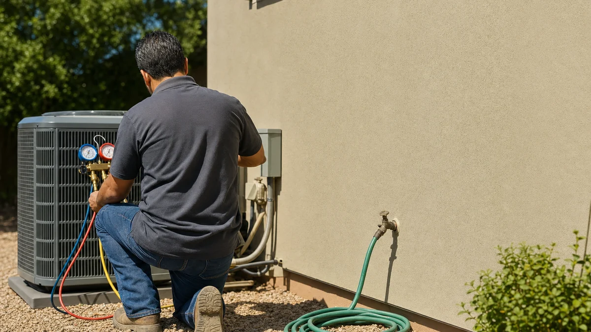 HVAC technician checking an outdoor condenser with manifold gauges on a sunny afternoon
