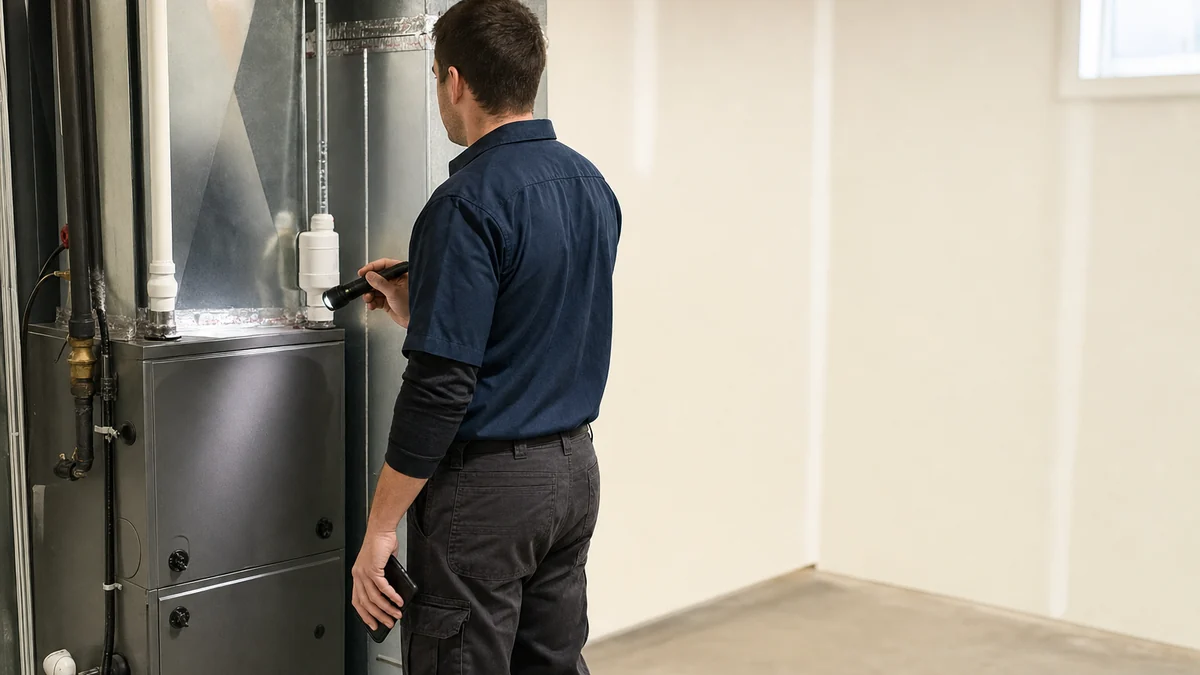 HVAC technician checking a furnace's equipment details during a service call