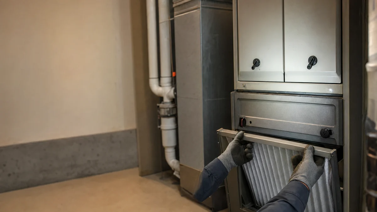 HVAC technician checking the filter on a furnace in a basement mechanical room