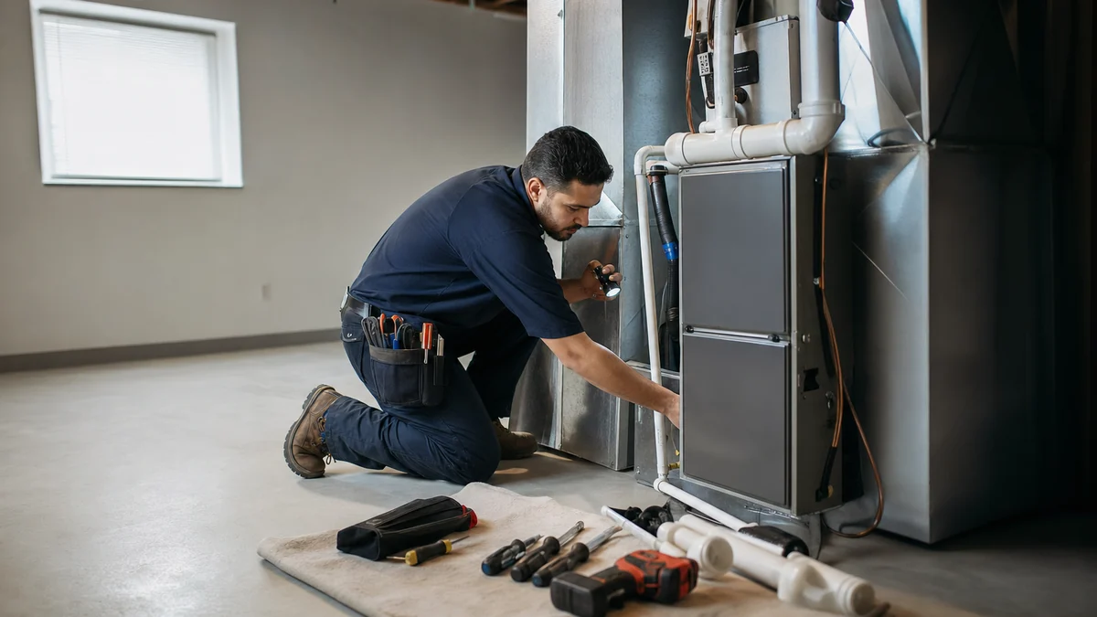 HVAC technician checking a newly installed furnace in a basement mechanical room