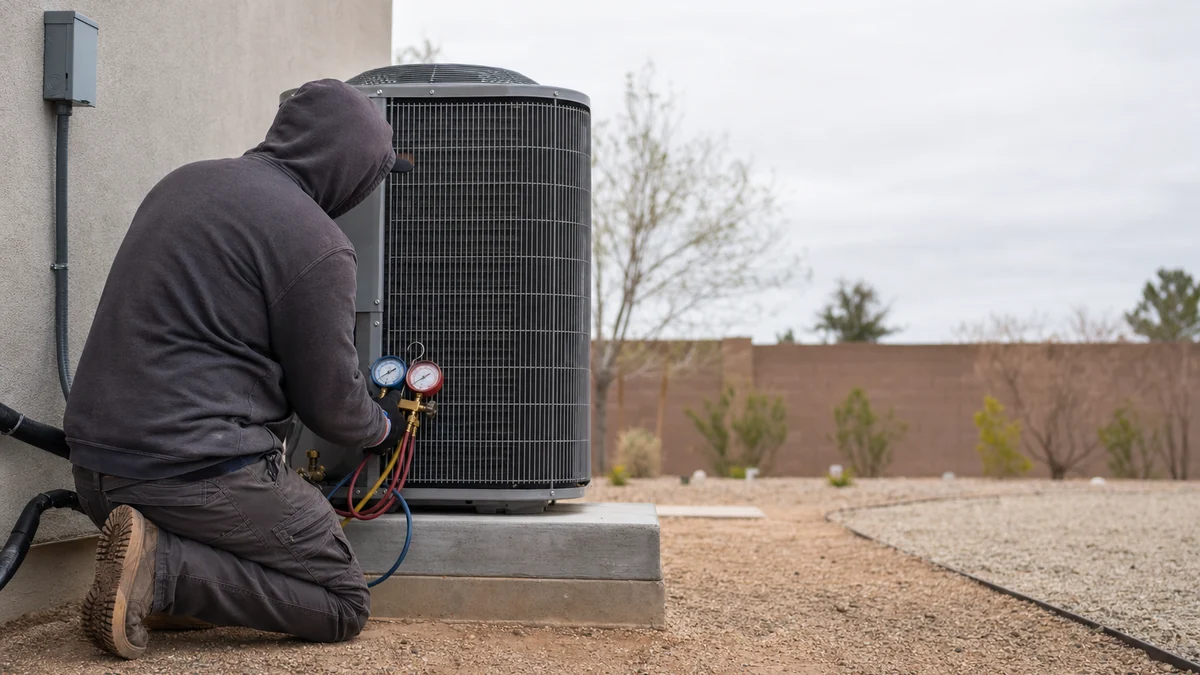HVAC technician checking line connections on a newly installed heat pump beside a house