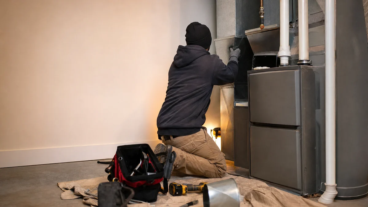 HVAC technician connecting ductwork to a newly installed furnace in a basement utility room