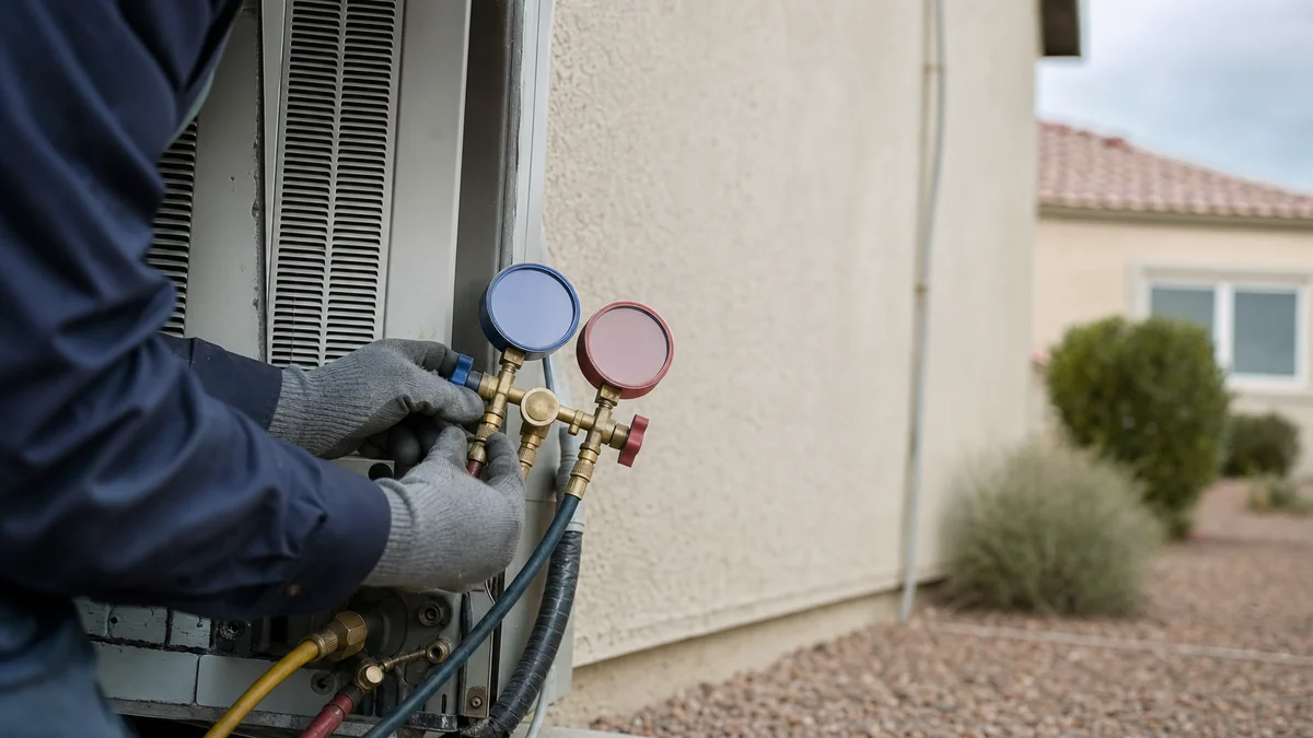 HVAC technician connecting refrigerant gauges to an outdoor heat pump during a repair call