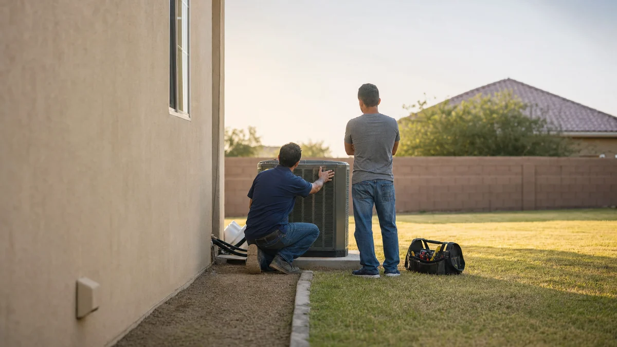 HVAC technician explaining a repair to a homeowner beside an outdoor condenser unit