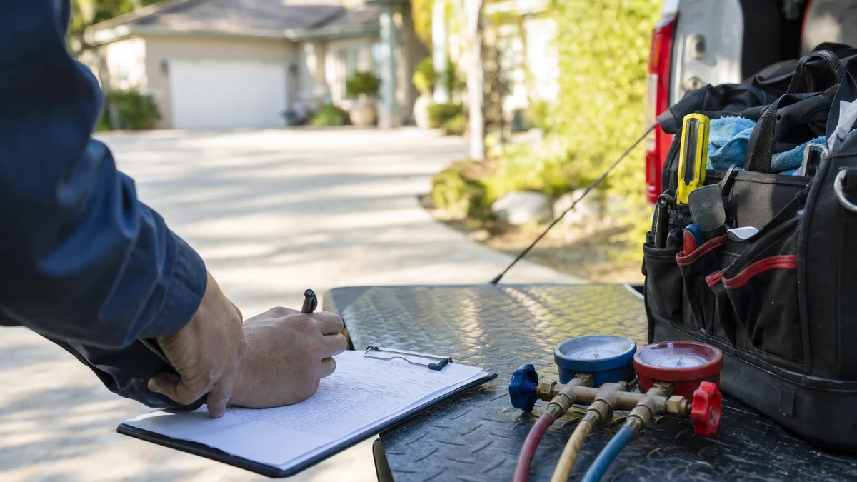 HVAC technician filling out a paper work order on a clipboard at the back of a service truck