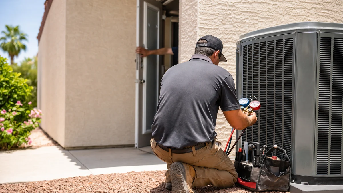 HVAC technician checking gauges on a condenser during one of the first jobs in a new city