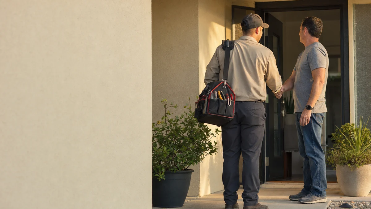 HVAC technician shaking hands with a homeowner on the front porch after a finished service call