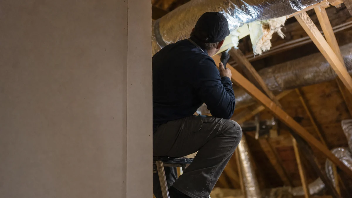 HVAC technician inspecting older ductwork in a suburban attic with a flashlight