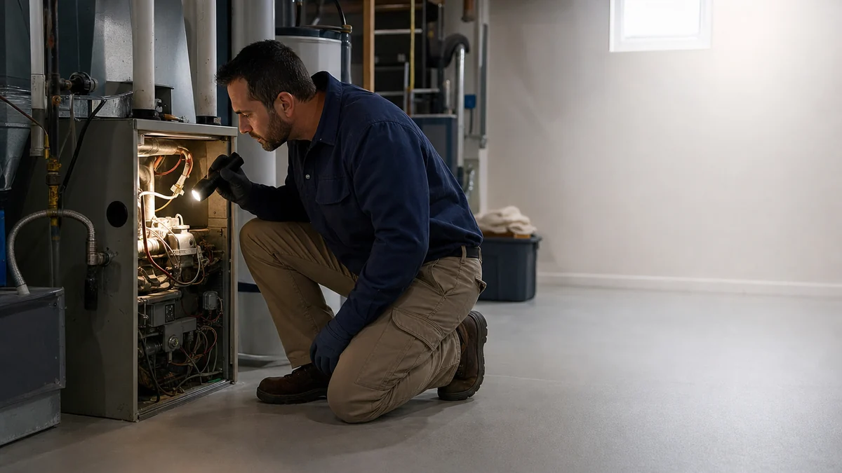 HVAC technician inspecting a residential furnace during an early winter service call