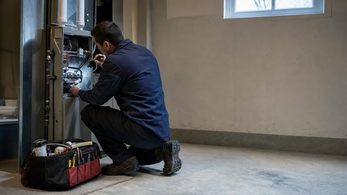 HVAC technician inspecting a residential furnace on a winter service call