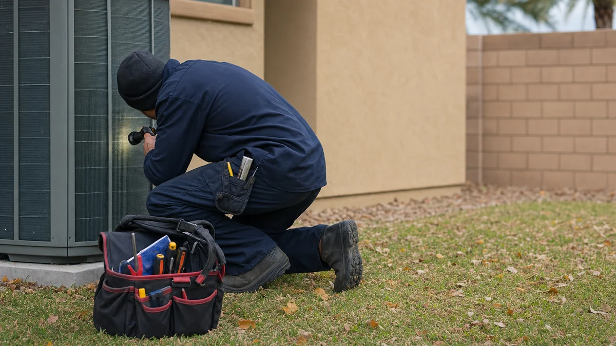 HVAC technician inspecting the coil of an outdoor heat pump during a service call