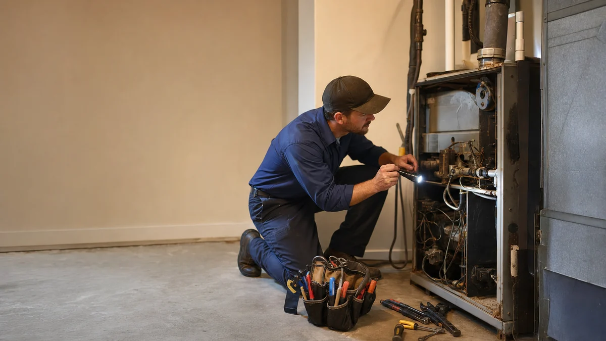 HVAC technician inspecting an older furnace with a flashlight during a repair call