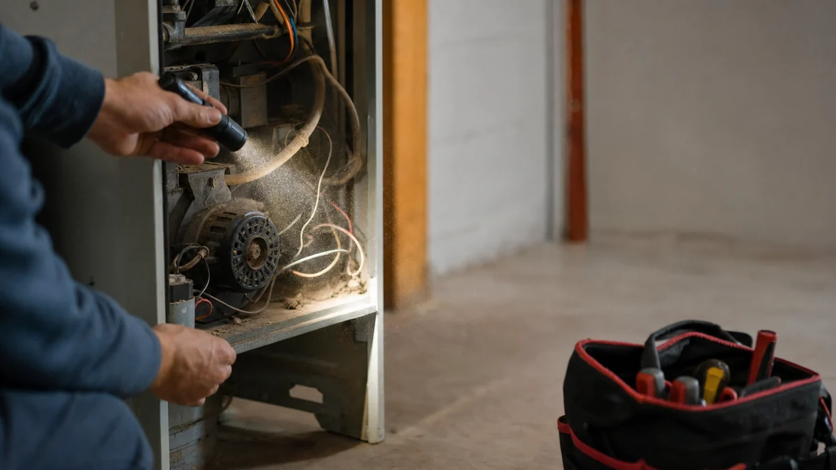 HVAC technician inspecting an older furnace during a service call, the kind of visit that turns into a replacement lead