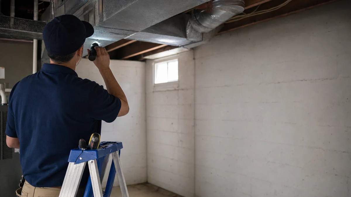 HVAC technician inspecting older ductwork in a residential basement