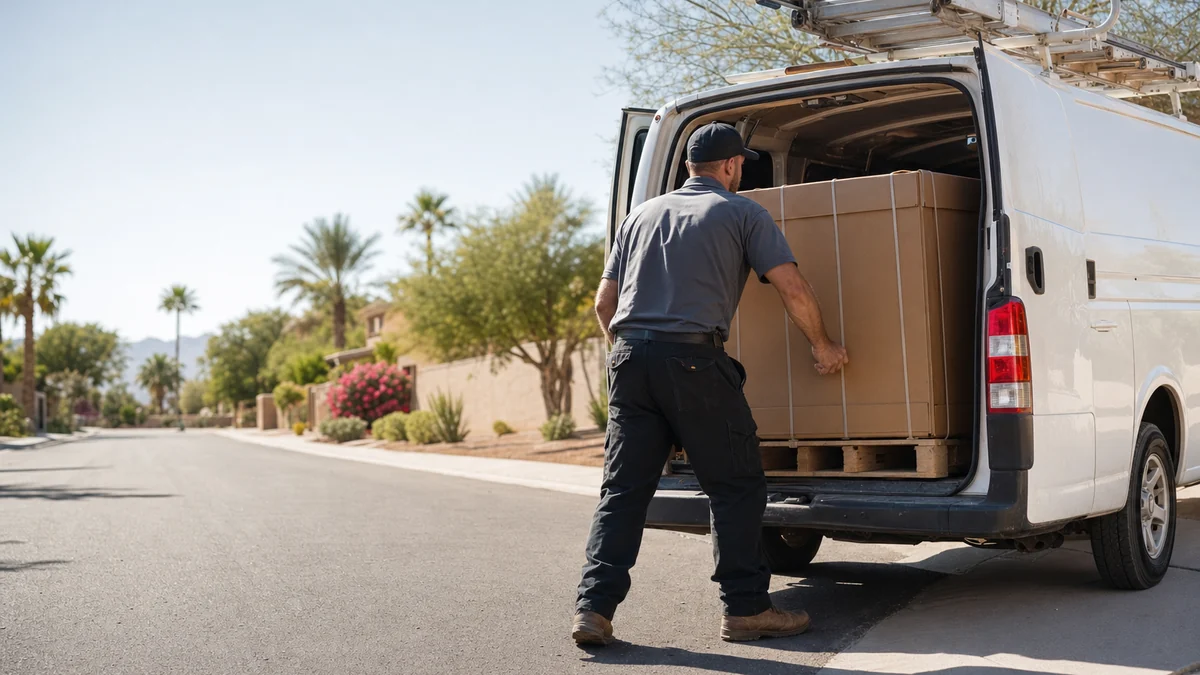 HVAC technician loading a replacement condenser unit into a service van for an install job