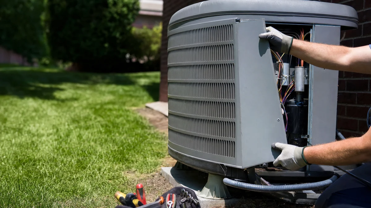 HVAC technician opening the service panel on an outdoor AC condenser during a summer repair call