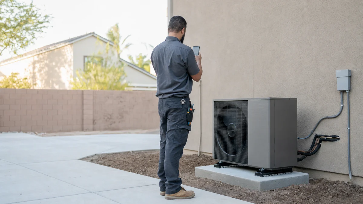 HVAC technician taking a phone photo of a newly installed outdoor heat pump