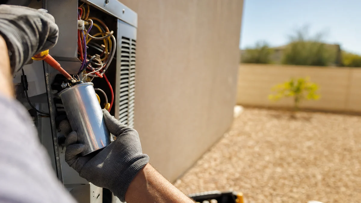 HVAC technician replacing a capacitor inside an outdoor AC condenser