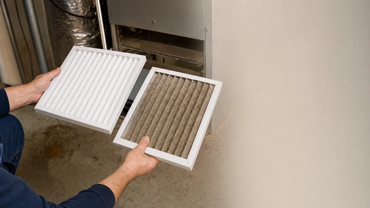 HVAC technician swapping a dirty furnace filter for a clean one during a maintenance visit