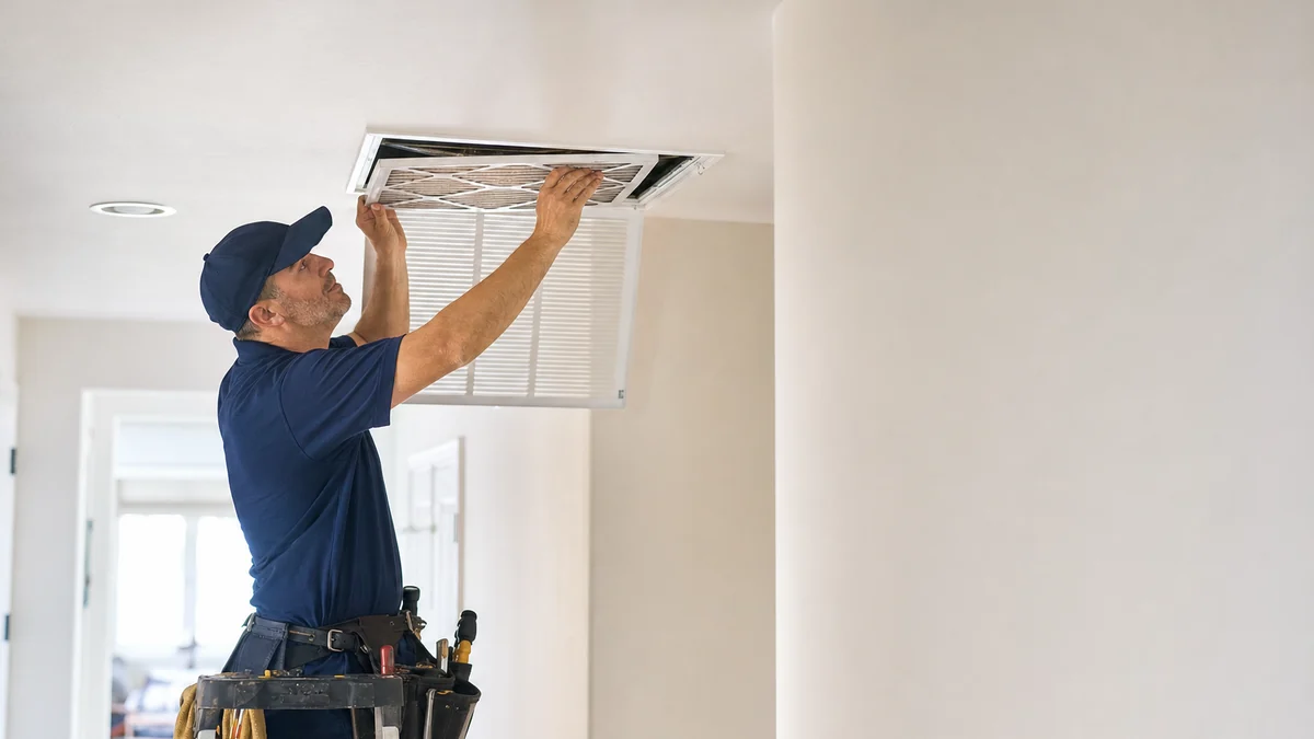 HVAC technician replacing a return air filter in a home hallway on a service call