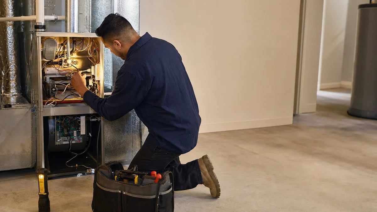 HVAC technician servicing a furnace during a seasonal maintenance visit