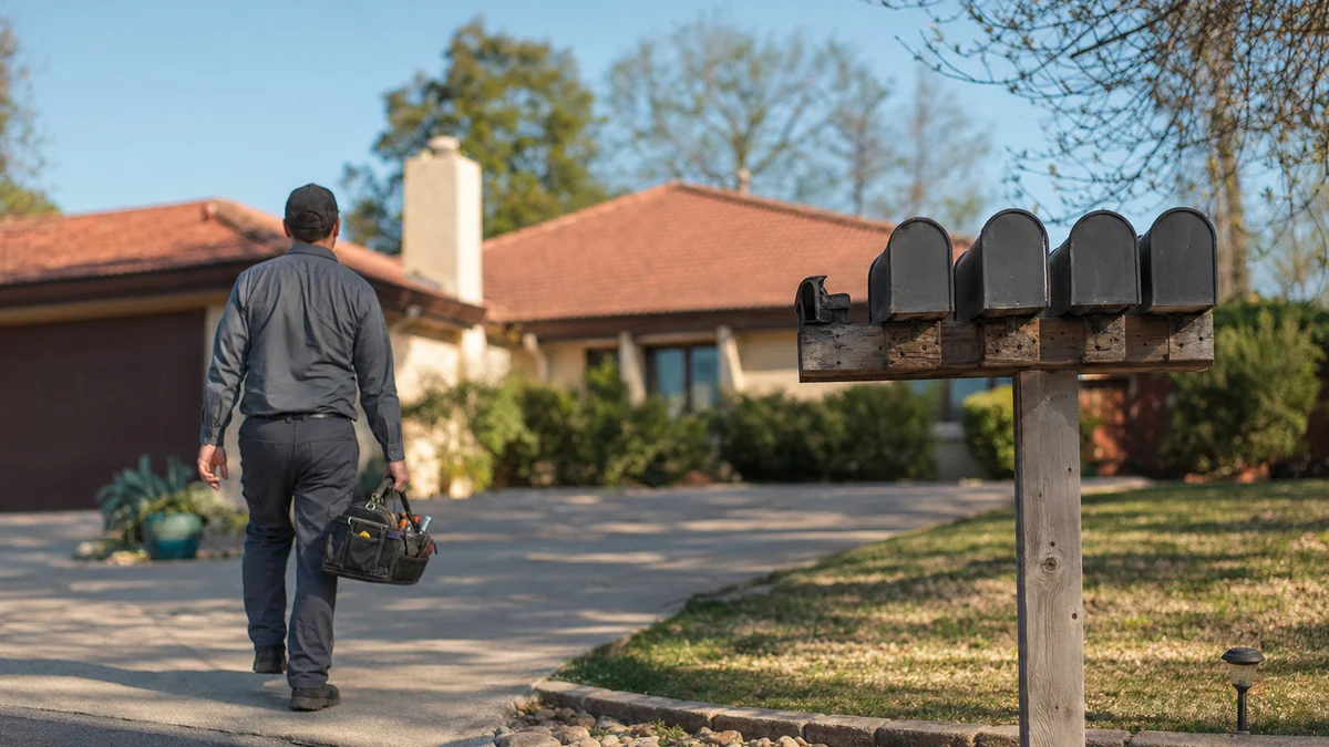 HVAC technician walking up a suburban driveway past curbside mailboxes on a spring morning
