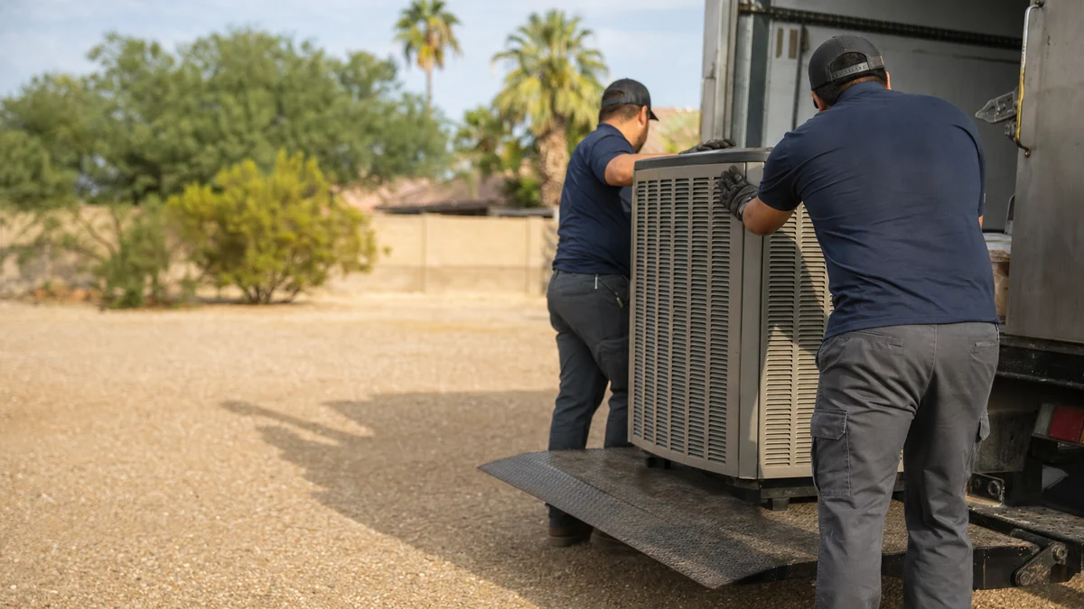 HVAC technicians loading a new condenser unit onto a service truck for a replacement job