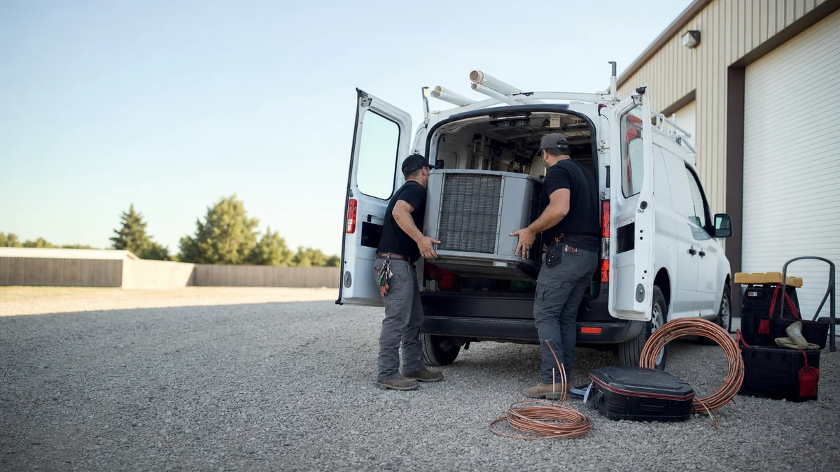 Two HVAC technicians loading a new condenser unit into a service van in the shop yard