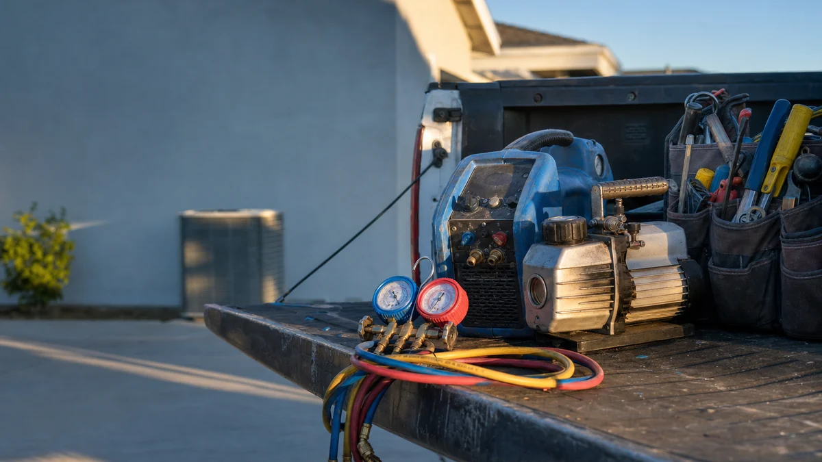 HVAC gauges, recovery machine and vacuum pump laid out on a truck tailgate before a service call