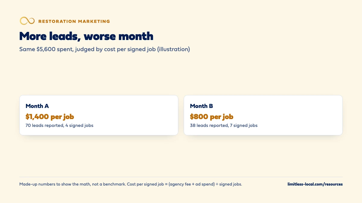 Comparison of two made-up months with the same $5,600 spend: Month A had 70 leads reported and 4 signed jobs, $1,400 per signed job; Month B had 38 leads and 7 signed jobs, $800 per signed job