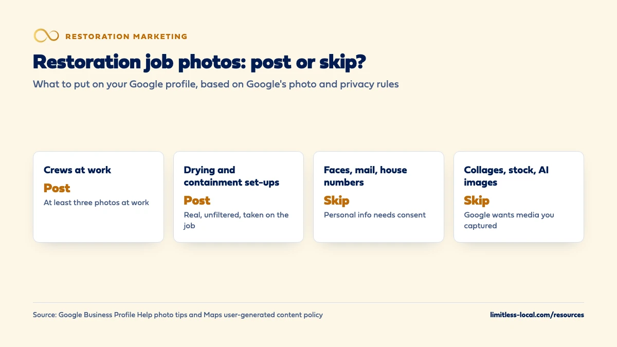 Post or skip guide for restoration job photos on Google: post crews at work, at least three photos at work; post real drying and containment set-ups; skip faces, mail and house numbers because personal info needs consent; skip collages, stock and AI images because Google wants media you captured