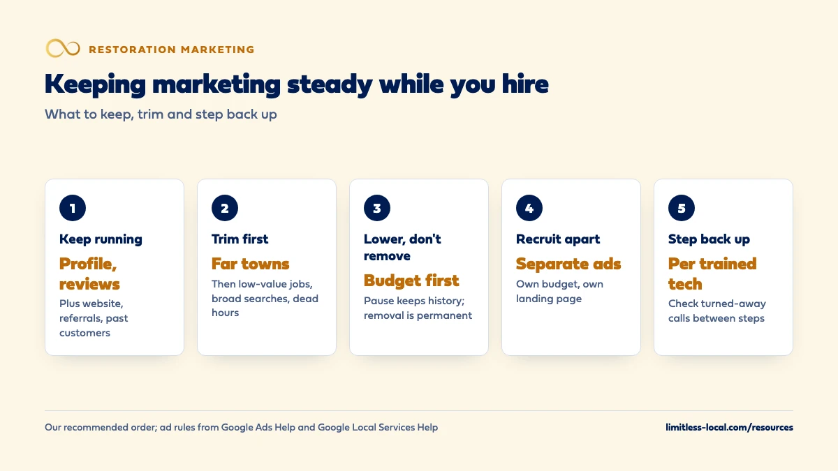 Five steps to keep restoration marketing steady while hiring: keep the Google profile, reviews, website, referrals and past-customer follow-up running; trim far towns, low-value jobs, broad searches and dead hours first; lower budgets before pausing and never remove campaigns; run recruiting ads separately; and step spend back up as each new tech is trained