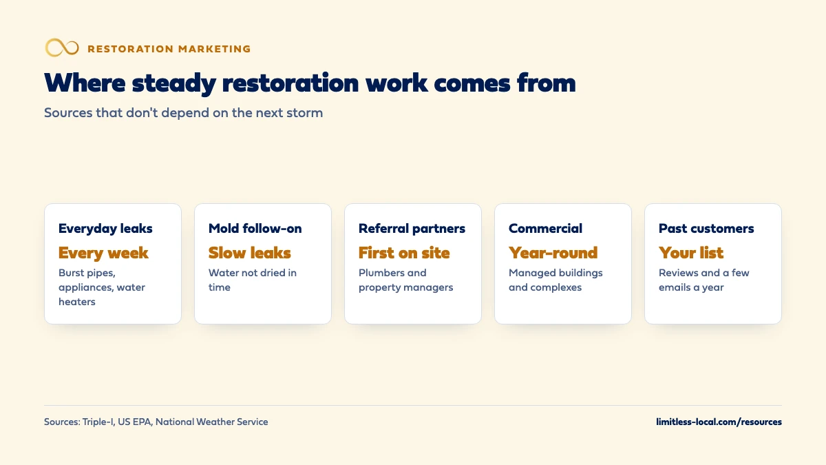 Five sources of steady restoration work between storms: everyday leaks every week from burst pipes and appliances, mold follow-on from water not dried in time, referral partners like plumbers and property managers who see damage first, year-round commercial work, and past customers reached with reviews and a few emails a year