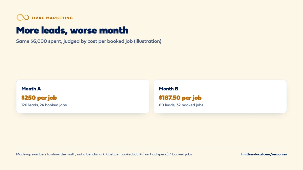 Comparison of two made-up months with the same $6,000 spent: Month A had 120 leads and 24 booked jobs for $250 per booked job, Month B had 80 leads and 32 booked jobs for $187.50 per booked job