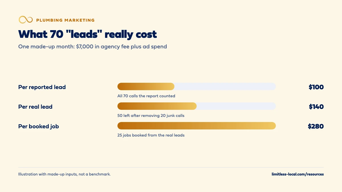 Bar chart with made-up numbers: $7,000 a month in agency fee and ad spend works out to $100 per reported lead across 70 leads, $140 per real lead after removing 20 junk calls, and $280 per booked job across 25 booked jobs