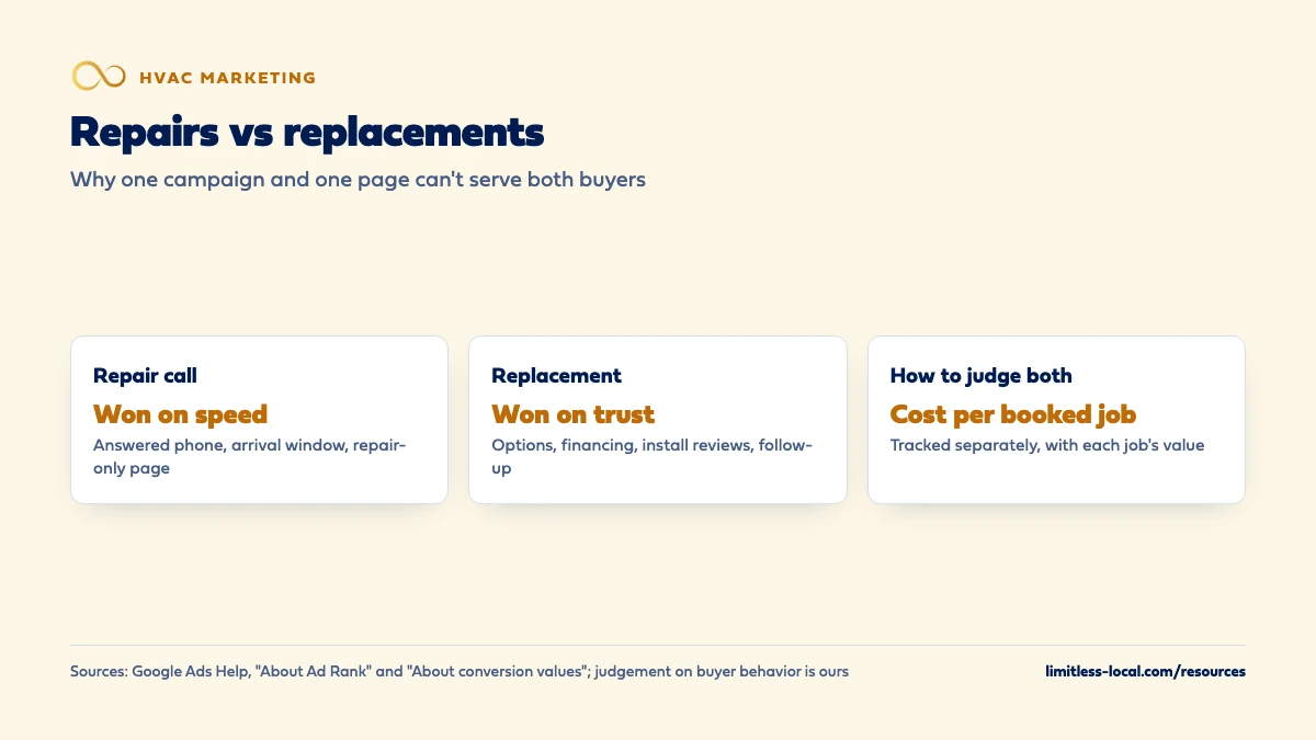 Comparison of repair and replacement marketing: a repair call is won on speed, with an answered phone, an arrival window and a repair-only page; a replacement is won on trust, with options, financing, install reviews and follow-up; both should be judged on cost per booked job, tracked separately with each job's value