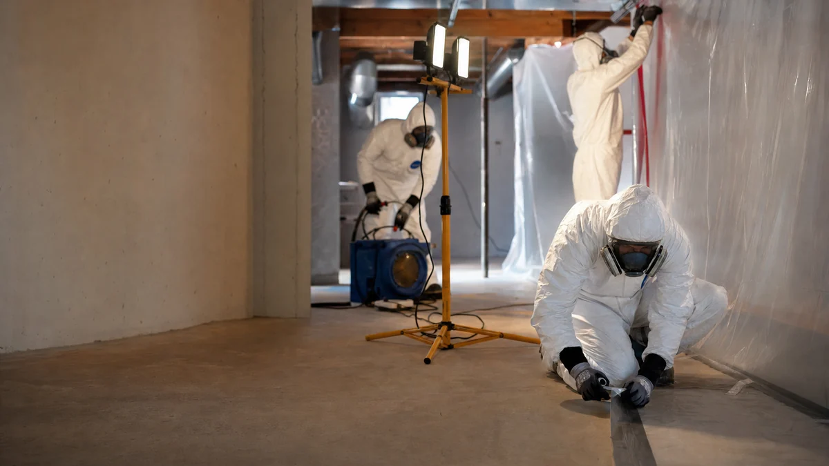 Mold remediation crew in protective suits setting up containment sheeting in an emptied basement