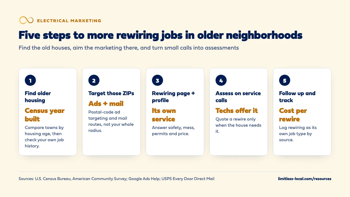 Five steps to more rewiring jobs in older neighborhoods: find older housing with Census year-built data, target those ZIP codes with ads and mail, give rewiring its own page and profile service, have techs offer assessments on service calls, and follow up and track cost per booked rewire