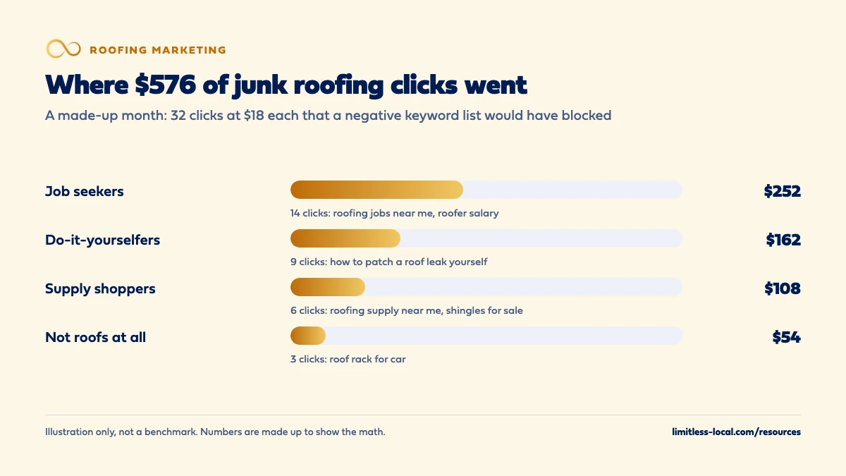 Bar chart of a made-up month of junk roofing ad clicks at $18 each: $252 on 14 job-seeker clicks, $162 on 9 do-it-yourself clicks, $108 on 6 supply-shopper clicks and $54 on 3 clicks for things that aren't roofs, $576 in total