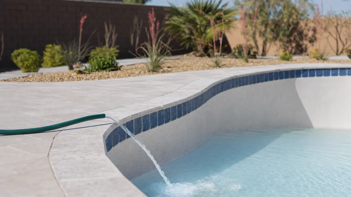 New backyard pool filling with water for the first time after the plaster is finished
