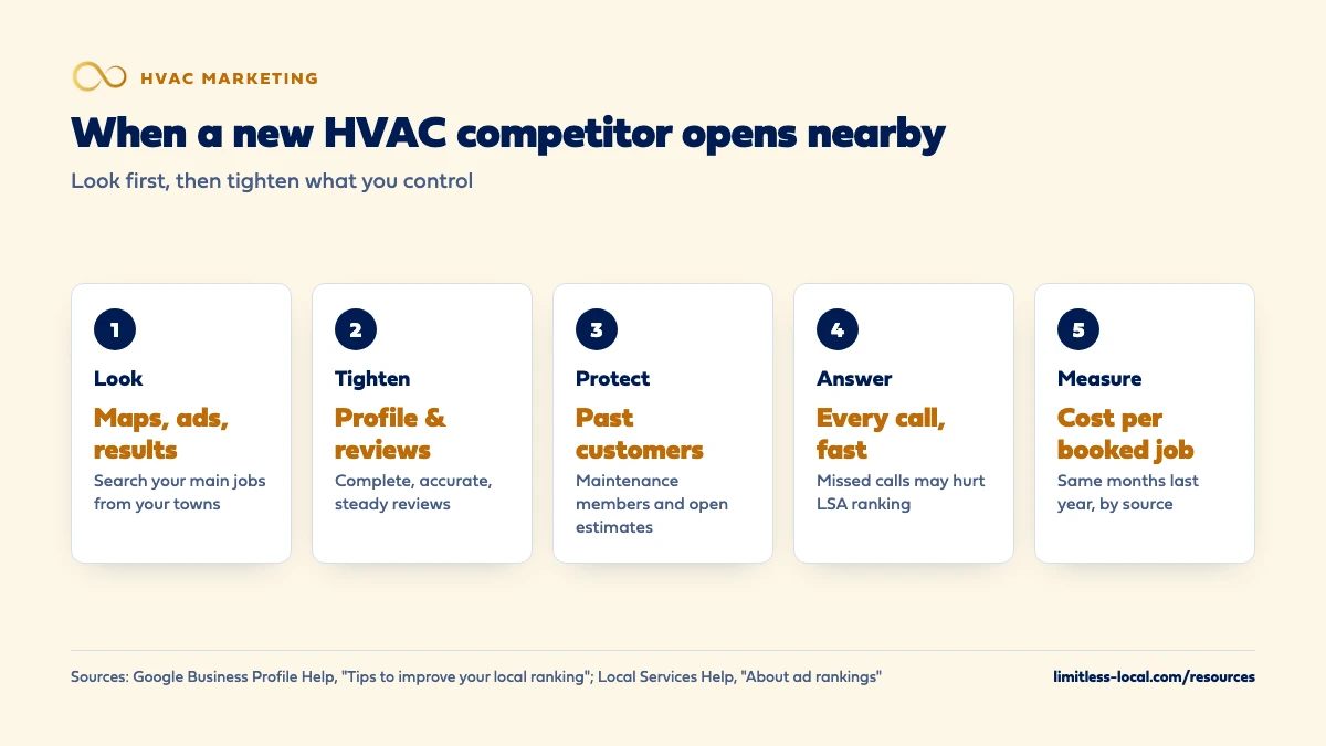 Five steps for responding to a new HVAC competitor: look at Maps, ads and search results for your main jobs; tighten your Google profile and reviews; protect past customers and maintenance members; answer every call fast because missed calls may hurt Local Services Ads ranking; and measure cost per booked job against the same months last year