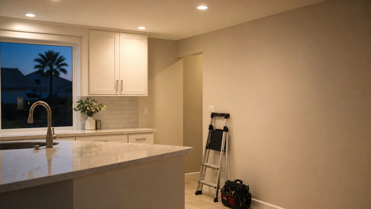 Newly installed recessed lights glowing over a residential kitchen, with an electrician's ladder folded nearby