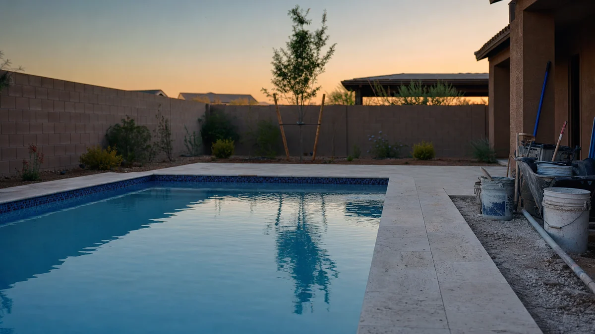 Newly finished backyard pool at dusk with construction tools still at the edge of the yard
